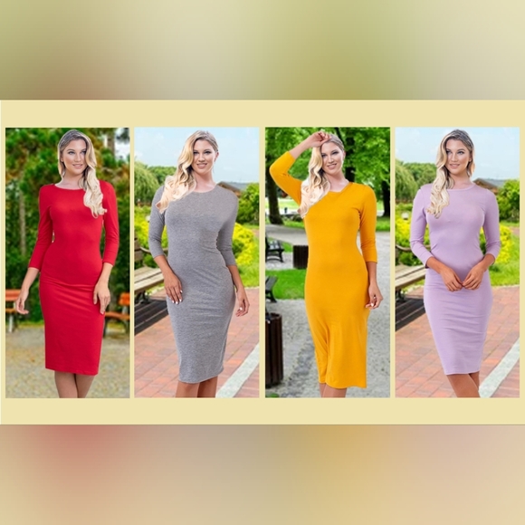 NWT Gray Round Neck 3/4 Sleeve Bodycon Midi Dress Medium - Picture 2 of 5